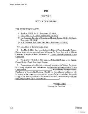 Thumbnail of Kansas Form Notice Of Hearing Of Petition For Court Approval Of Written Certificate Of Physician With Concurrence