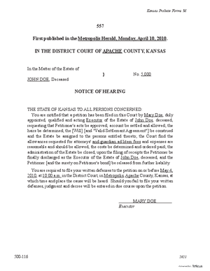 Thumbnail of Kansas Form Notice Of Hearing Of Petition For Final Settlement (Supervised Testate Administration)