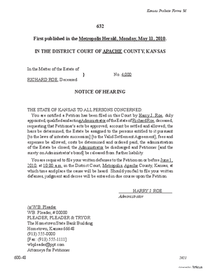 Thumbnail of Kansas Form Notice Of Hearing Of Petition For Final Settlement (Supervised Intestate Administration)