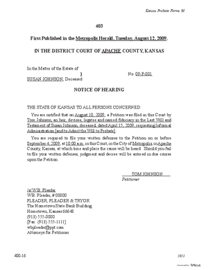 Thumbnail of Kansas Form Notice Of Hearing Of Petition For Informal Administration