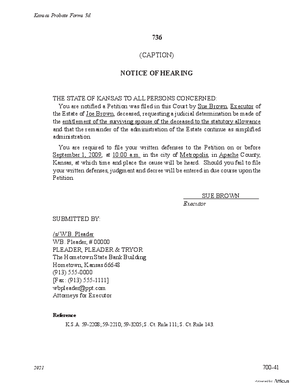 Thumbnail of Kansas Form Notice Of Hearing Of Petition For Judicial Determination Of Statutory Allowance