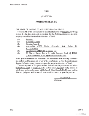 Thumbnail of Kansas Form Notice Of Hearing Of Petition For Statutory Allowance