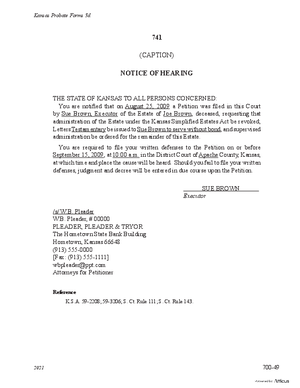 Thumbnail of Kansas Form Notice Of Hearing Of Petition For Supervised Administration