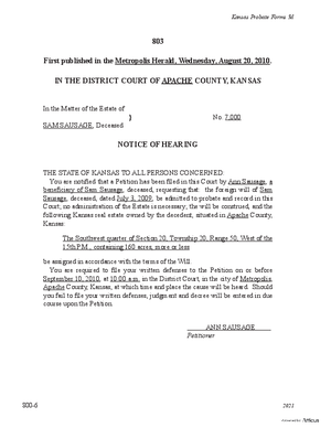 Thumbnail of Kansas Form Notice Of Hearing Of Petition To Admit Foreign Will