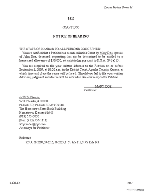 Thumbnail of Kansas Form Notice Of Hearing Of Petition To Receive Homestead Allowance In Lieu Of Homestead
