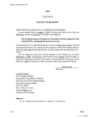 Thumbnail of Kansas Form Notice Of Hearing Of Petition To Set Apart Homestead