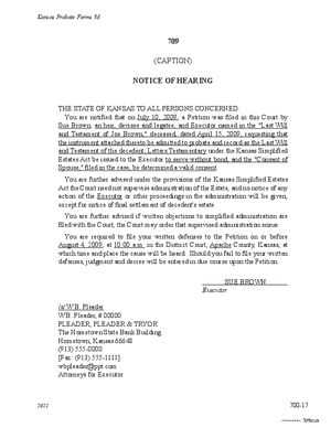 Thumbnail of Kansas Form Notice Of Hearing Of Probate Of Will If Notice Is "Otherwise Ordered By The Court" (Simplified Administration)