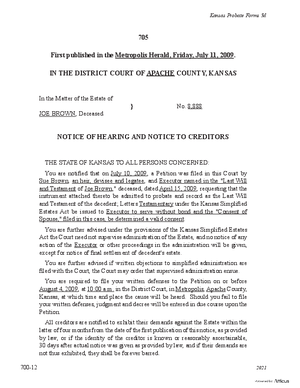 Thumbnail of Kansas Form Notice Of Hearing Of Probate Of Will And Notice To Creditors Pursuant To K.s.a. 59-2209 (Simplified Administration)