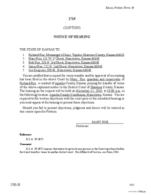 Thumbnail of Kansas Form Notice Of Hearing Of Venue And Approval Of Accounting (Misc Guardianship/conservatorship)