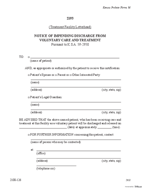 Thumbnail of Kansas Form Notice Of Impending Discharge From Voluntary Care And Treatment (Mental Illness)