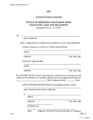 Thumbnail of Kansas Form Notice Of Impending Discharge From Voluntary Care And Treatment (Substance Abuse)