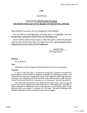 Thumbnail of Kansas Form Notice Of Intention To File Petition For Elective Share Of Surviving Spouse