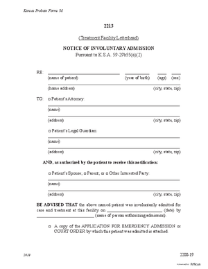 Thumbnail of Kansas Form Notice Of Involuntary Admission Into Treatment Facility (Substance Abuse)