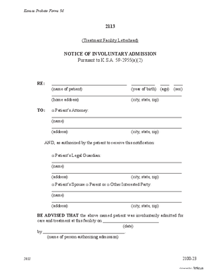 Thumbnail of Kansas Form Notice Of Involuntary Admission To A Treatment Facility (Mental Illness)