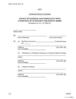 Thumbnail of Kansas Form Notice Of Material Noncompliance With Conditions Of Outpatient Treatment Order (Substance Abuse)