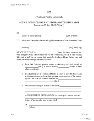 Thumbnail of Kansas Form Notice Of Minor Patient's Demand For Discharge (Substance Abuse)