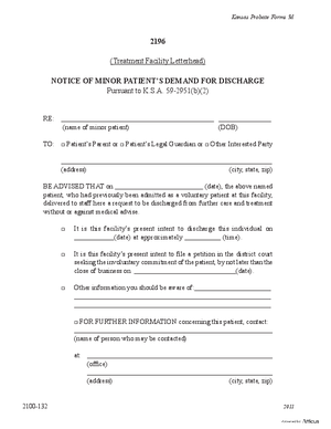 Thumbnail of Kansas Form Notice Of Minor Patient's Demand For Discharge (Mental Illness)