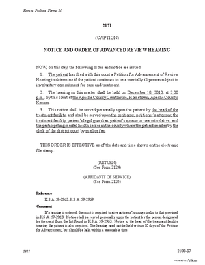 Thumbnail of Kansas Form Notice And Order Of Advanced Review Hearing (Mental Illness)