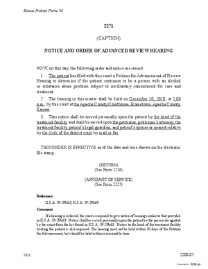 Thumbnail of Kansas Form Notice And Order Of Advanced Review Hearing (Substance Abuse)