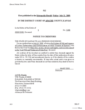 Thumbnail of Kansas Form Notice Ordered By Mail Or Otherwise: Notice To Creditors