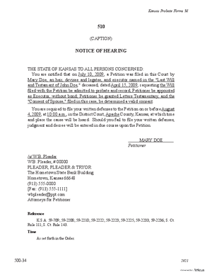 Thumbnail of Kansas Form Notice Ordered By Mail Or Otherwise: Notice Of Hearing