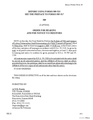 Thumbnail of Kansas Form Notice Ordered By Mail Or Otherwise: Order For Hearing And For Notice To Creditors