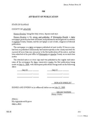 Thumbnail of Kansas Form Notice Ordered To Be Published: Affidavit Of Publication
