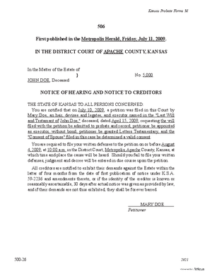 Thumbnail of Kansas Form Notice Ordered To Be Published: Notice Of Hearing And Notice To Creditors