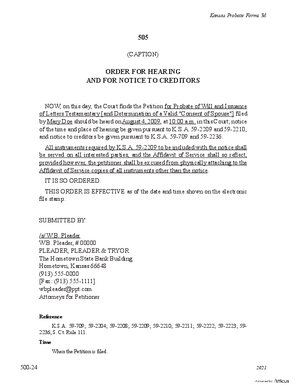 Thumbnail of Kansas Form Notice Ordered To Be Published: Order For Hearing And For Notice To Creditors
