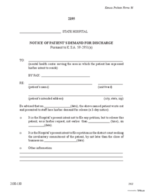 Thumbnail of Kansas Form Notice Of Patient's Demand For Discharge (Mental Illness)