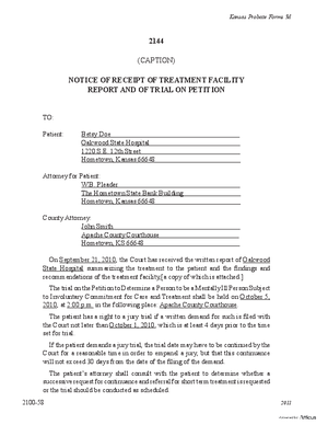 Thumbnail of Kansas Form Notice Of Receipt Of Treatment Facility Report And Of Trial On Petition (Mental Illness)