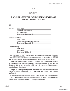 Thumbnail of Kansas Form Notice Of Receipt Of Treatment Facility Report And Of Trial On Petition (Substance Abuse)