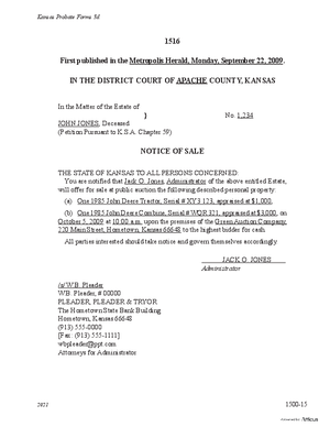 Thumbnail of Kansas Form Notice Of Sale Of Personal Property At Public Auction