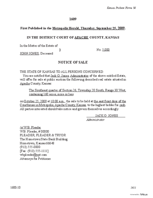Thumbnail of Kansas Form Notice Of Sale Of Real Estate At Public Auction