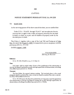Thumbnail of Kansas Form Notice Statement Of Right To Share Of Property Pursuant To K.s.a. 59-2233 (Supervised Testate Administration)