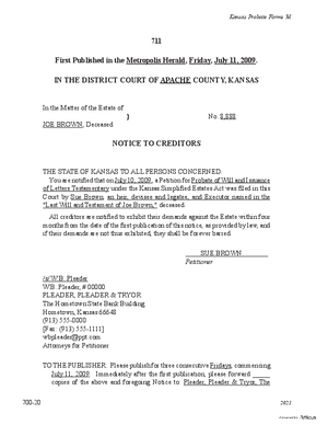 Thumbnail of Kansas Form Notice To Creditors (If Notice Is "Otherwise Ordered By The Court") (Simplified Administration)