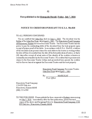 Thumbnail of Kansas Form Notice To Creditors Pursuant To K.s.a. 58a-818