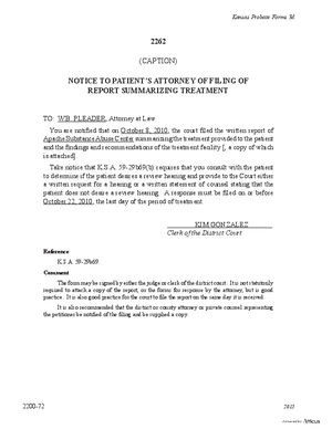 Thumbnail of Kansas Form Notice To Patient's Attorney Of Filing Of Report Summarizing Treatment (Substance Abuse)