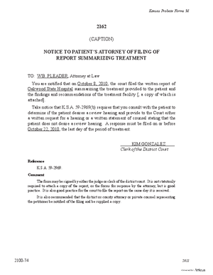 Thumbnail of Kansas Form Notice To Patient's Attorney Of Filing Of Report Summarizing Treatment (Mental Illness)