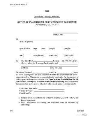 Thumbnail of Kansas Form Notice Of Unauthorized Absence/request For Return (Mental Illness)