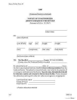Thumbnail of Kansas Form Notice Of Unauthorized Absence/request For Return (Substance Abuse)