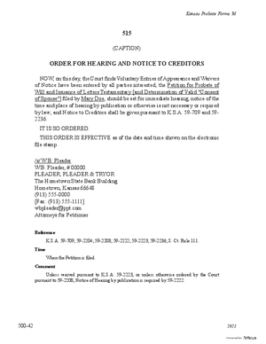 Thumbnail of Kansas Form Notice Waived: Order For Hearing And Notice To Creditors
