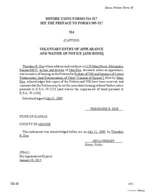 Thumbnail of Kansas Form Notice Waived: Voluntary Entry Of Appearance And Waiver Of Notice [And Bond]