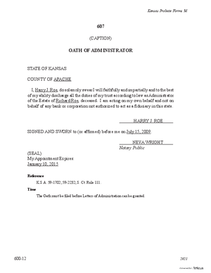 Thumbnail of Kansas Form Oath Of Administrator (Supervised Intestate Administration)