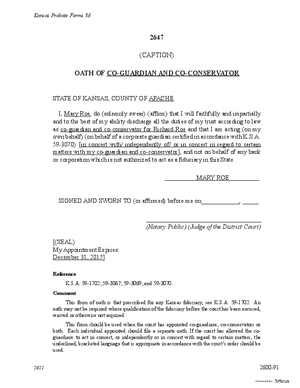Thumbnail of Kansas Form Oath Of Co-guardian And/or Co-conservator