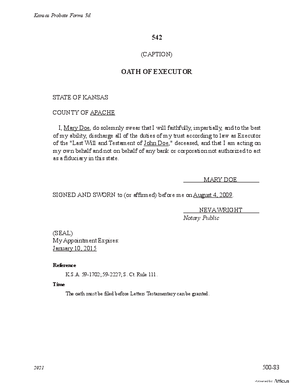 Thumbnail of Kansas Form Oath Of Executor