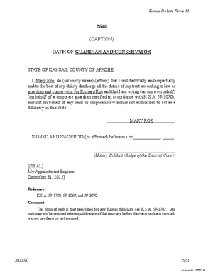 Thumbnail of Kansas Form Oath Of Guardianship/conservatorship (Involuntary)