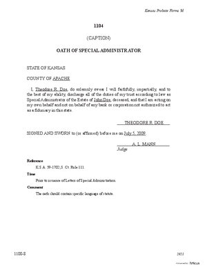 Thumbnail of Kansas Form Oath Of Special Administrator