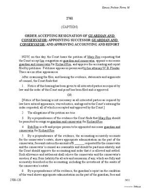 Thumbnail of Kansas Form Order Accepting Resignation Of Guardian/conservator; Appointing Successor Guardian/conservator; And Approving Accounting And Report