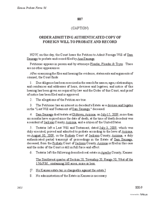 Thumbnail of Kansas Form Order Admitting Authenticated Copy Of Foreign Will To Probate And Record
